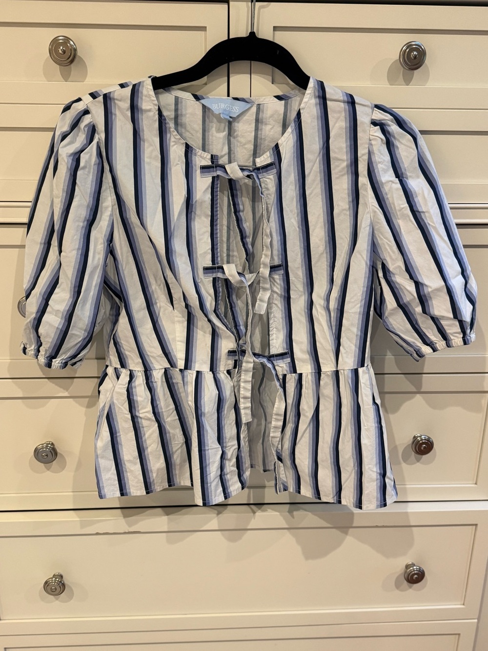 Burgess White and Navy Striped Puff Sleeve Peplum Top Cotton Small